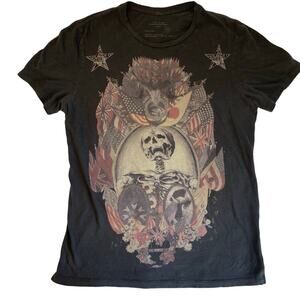Allsaints Size Medium Short Sleeve T-Shirt Skull Flags Grunge Punk British Black